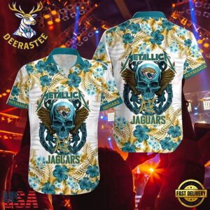 Metallica x Jacksonville Jaguars NFL Skull And Flower Tropical Hawaiian Shirt