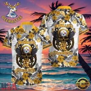 Metallica x Pittsburgh Steelers NFL Skull And Flower Tropical Hawaiian Shirt